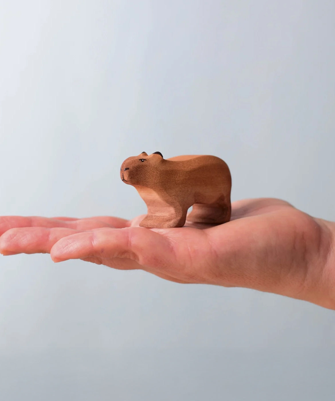 Bumbu Toys Wooden Capybara, being held in an adult's hand.