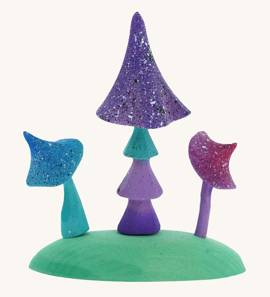 Bumbu Handmade Wooden Enchanted Mushrooms Playset. Three mushrooms on a green coloured base piece. These expertly hand crafted items are part of a large range of wooden toys available here at Babipur. 