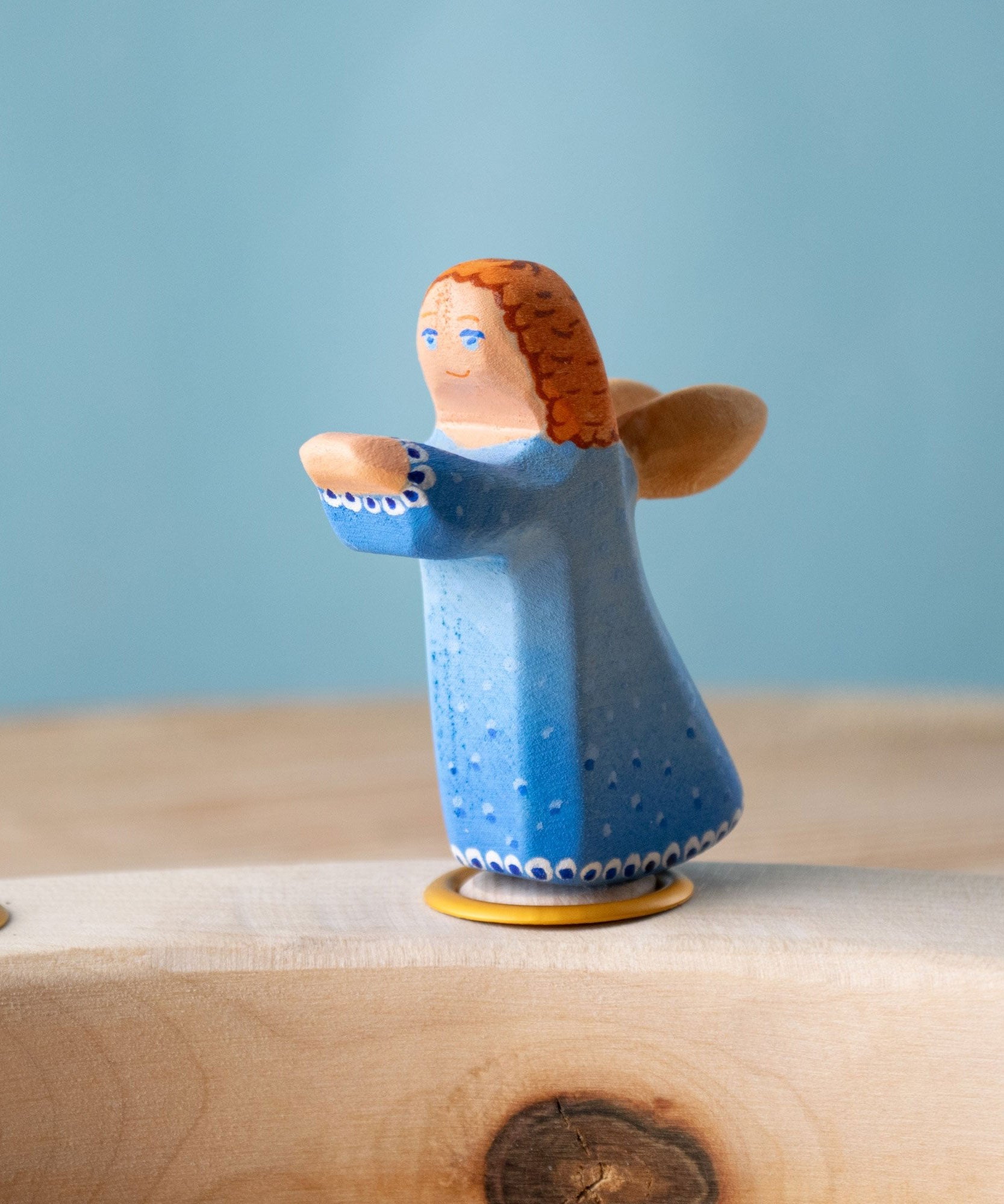 Bumbu blue Festive Angel Celebration decorative Figure to fit on a Grimm's celebration ring. These festive figures are perfect for your Christmas celebration ring set up. These expertly hand crafted items are part of a large range of wooden toys available here at Babipur. 