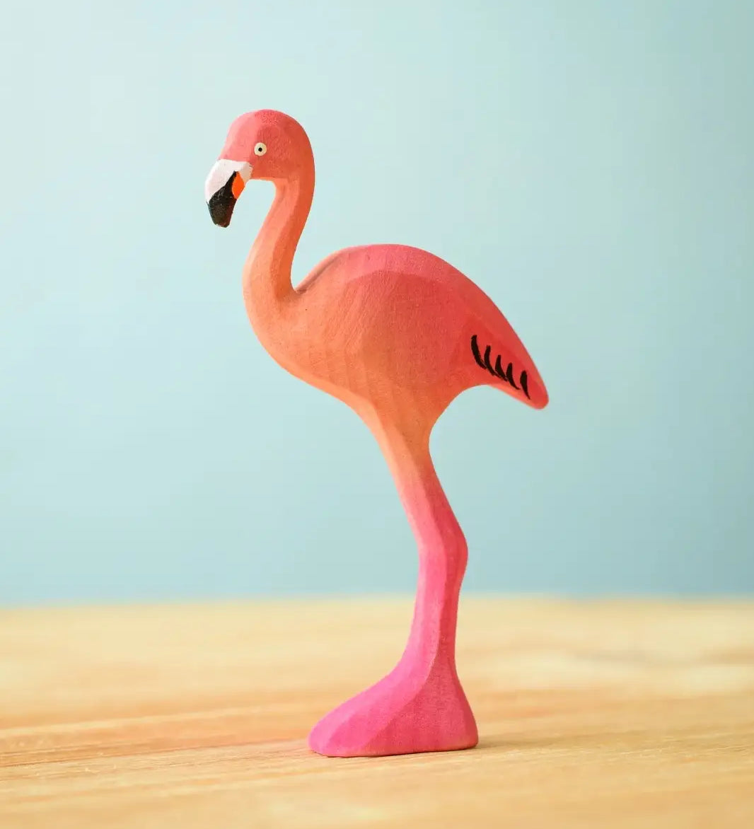 Bumbu toys handcrafted wooden pink standing flamingo figure 