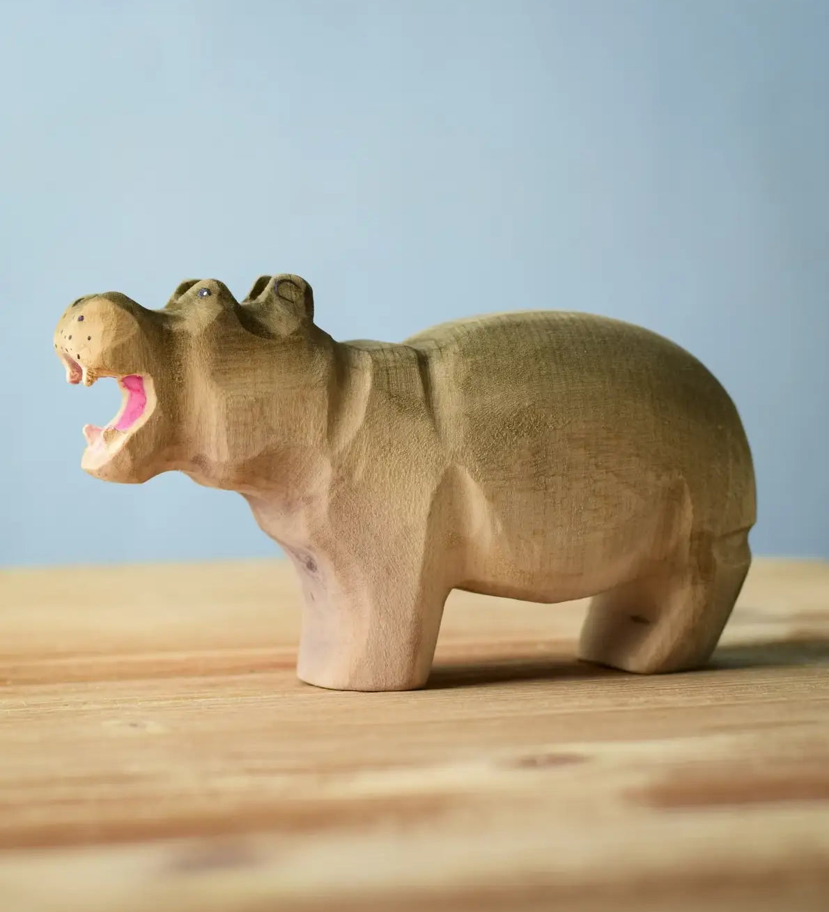 Bumbu toys handcrafted wooden grey standing hippo figure with a open mouth