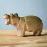 Bumbu toys handcrafted wooden grey standing hippo figure with a open mouth