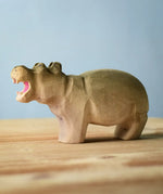 Bumbu toys handcrafted wooden grey standing hippo figure with a open mouth