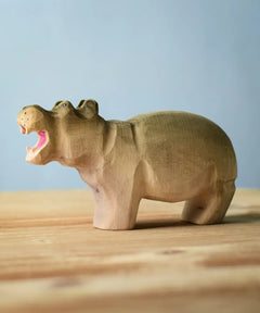 Bumbu toys handcrafted wooden grey standing hippo figure with a open mouth