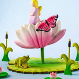 A pond playscene showing a Bumbu lavender fairy figure, frog, butterfly, lily and lotus flower figures