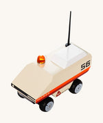 CandyLab cream orange and red Rover space vehicle with the number 56 on the side and a black antenna - top detail view.