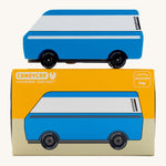 CandyLab blue VW T3 CandyVan with white stripe on the side - side view on top of the original cardboard packaging.