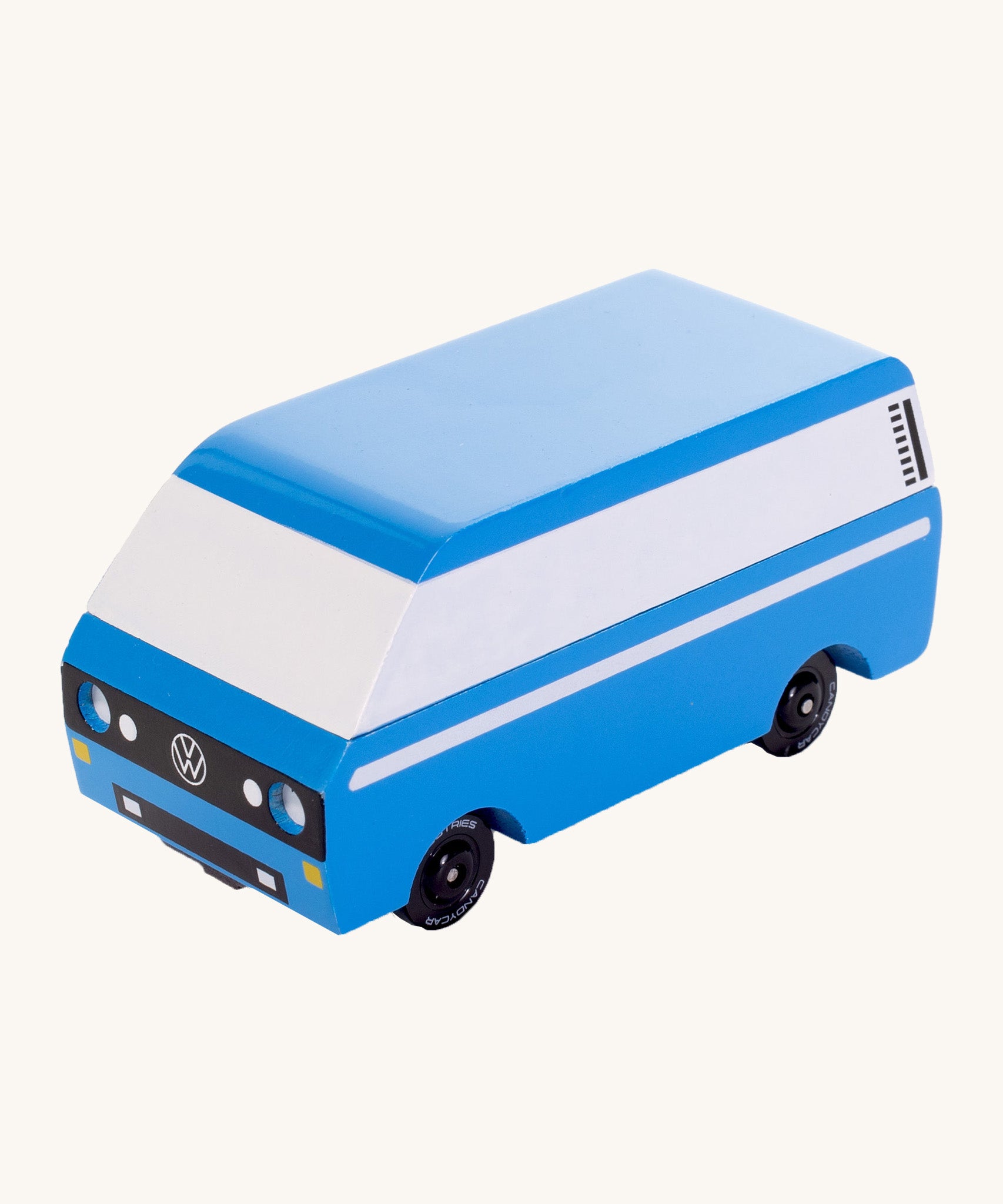 CandyLab blue VW T3 CandyVan with white stripe on the side - front detail view.