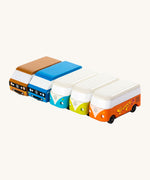 A group shot of 5 different CandyLab VW CandyVans, placed next to each other in a row. 