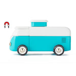 Candylab handmade wooden blue beach van toy on a white background