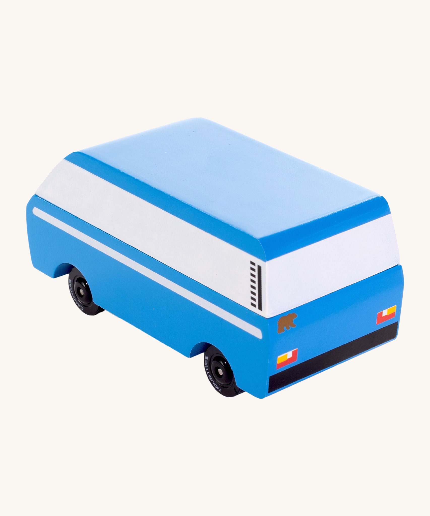 CandyLab blue VW T3 CandyVan with white stripe on the side - back detail view.