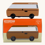 CandyLab brown Volkswagen T3 Campervan - side view, placed on top of its packaging. 
