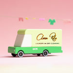 Candylab solid wooden laundry van toy vehicle on a pink and white background