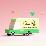 Candylab solid wooden laundry van toy vehicle on a pink and white background