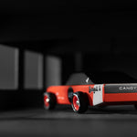 Close up of the back of the Candylab wooden seagull racing car toy on a black and grey background