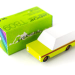 Candylab childrens green wooden car toy on a white background next to its box