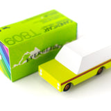 Candylab childrens green wooden car toy on a white background next to its box