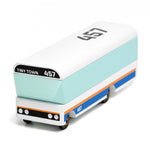 Candylab children's handmade wooden city bus toy on a white background