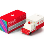 Candylab childrens collectable wooden ambulance van diecast car on a white background in front of its box