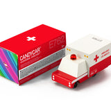 Candylab childrens collectable wooden ambulance van diecast car on a white background in front of its box