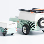 Candylab mini drifter car toy next to a Candylab drifter jeep on a white background