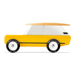 Side of the Candylab handmade wooden cotswold gold toy car on a white background