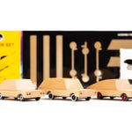 Candylab solid wooden toy cars building kit on a white background