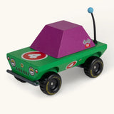 Candylab Dundee wooden diecast adventurer truck with a green body, purple windows and decals