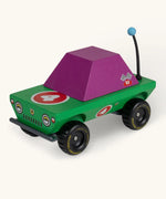Candylab Dundee wooden diecast adventurer truck with a green body, purple windows and decals