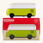CandyLab green VW T1 Campervan - side view placed on top of its original packaging.
