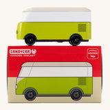 CandyLab green VW T1 Campervan - side view placed on top of its original packaging.
