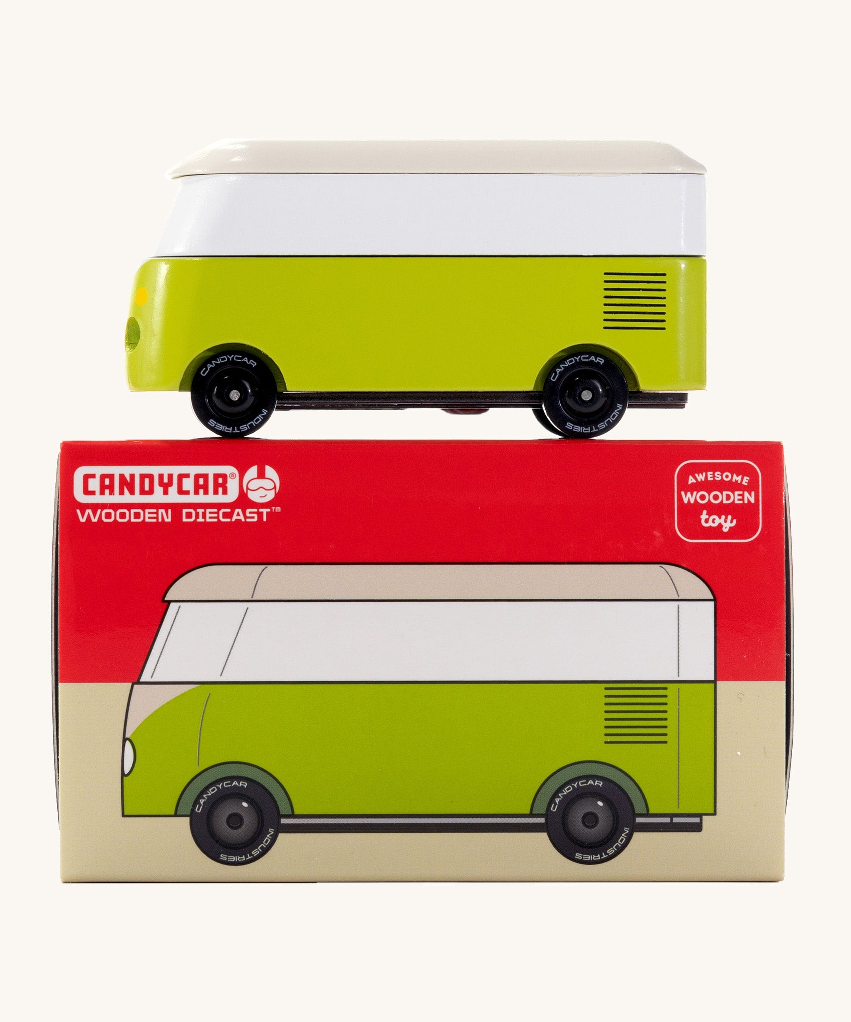 CandyLab green VW T1 Campervan - side view placed on top of its original packaging.
