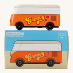 CandyLab orange VW T1 Campervan with 'Groovy' text on the side in a 60s font - side view placed on top of its original packaging.