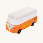 CandyLab orange VW Campervan with 'Groovy' text on the side, in a 60s font - front view. 