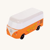 CandyLab orange VW Campervan with 'Groovy' text on the side, in a 60s font - front view. 