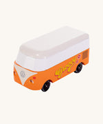 CandyLab orange VW Campervan with 'Groovy' text on the side, in a 60s font - front view. 