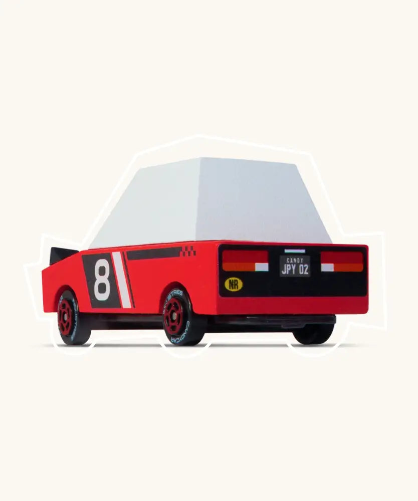 Back of Candylab wooden diecast Hachigo red racer toy car showing pop retro no8 decals