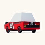 Back of Candylab wooden diecast Hachigo red racer toy car showing pop retro no8 decals