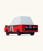 Back of Candylab wooden diecast Hachigo red racer toy car showing pop retro no8 decals