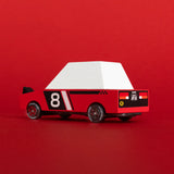 Candylab Hachigo red racer a red body, pop up headlights and retro no8 decals in front of a bright red car