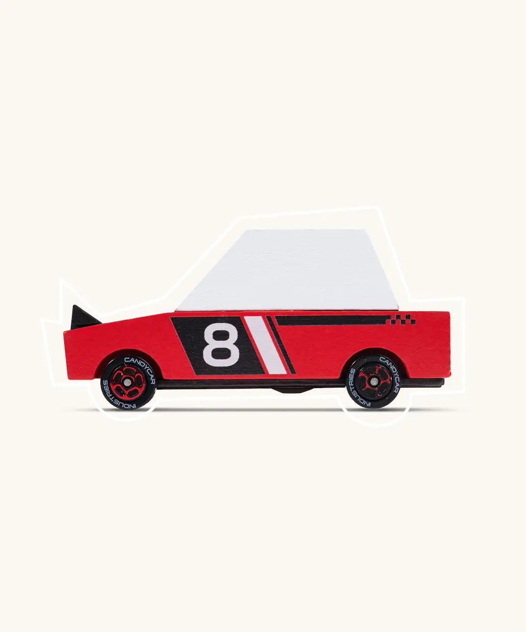 Side of Candylab wooden diecast Hachigo red racer toy car showing pop up headlights and retro no8 decals