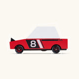 Side of Candylab wooden diecast Hachigo red racer toy car showing pop up headlights and retro no8 decals