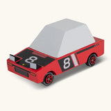Candylab Hachigo red racer. A wooden diecast toy car with a red body, pop up headlights and retro no8 decals