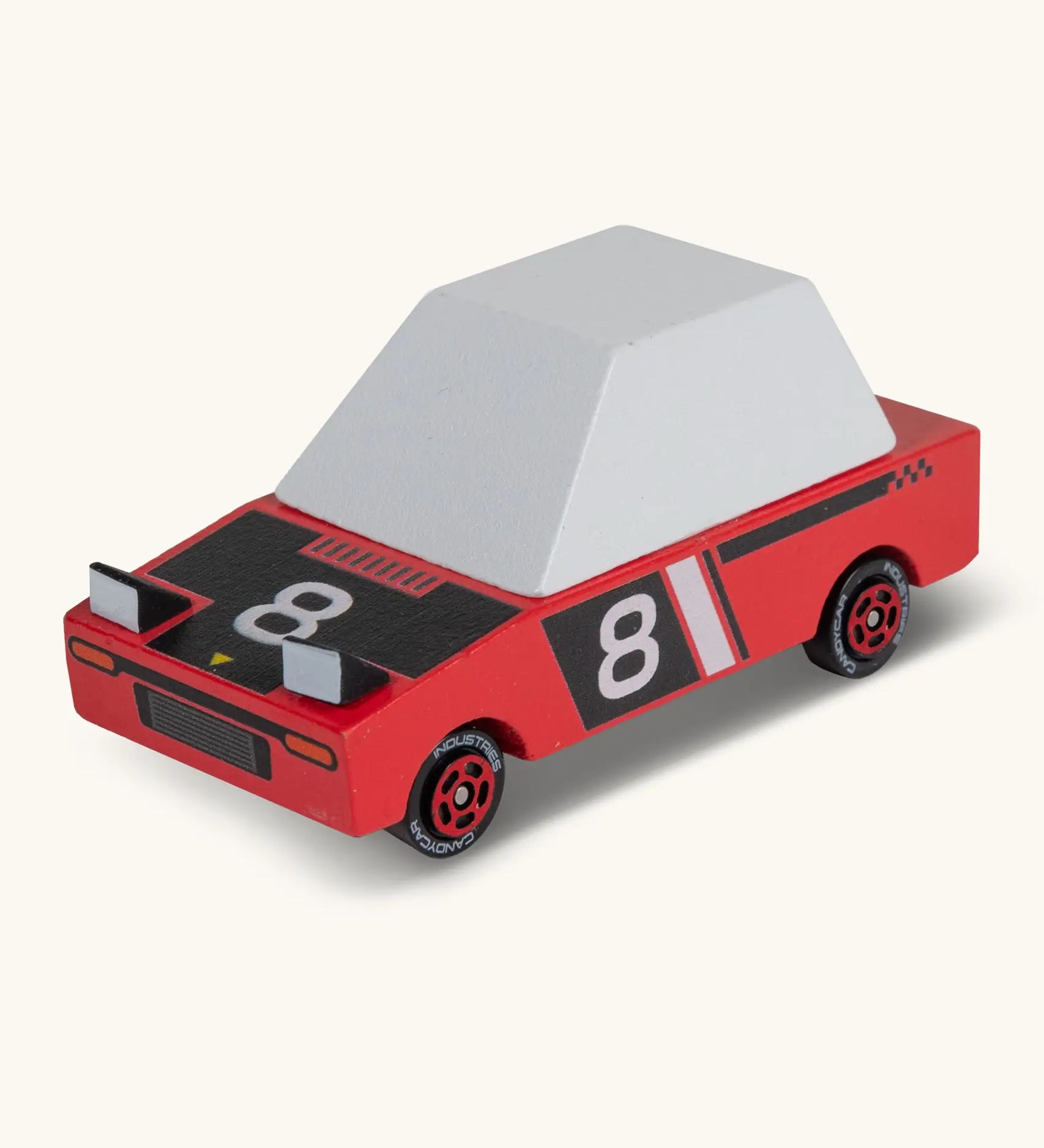 Candylab Hachigo red racer. A wooden diecast toy car with a red body, pop up headlights and retro no8 decals