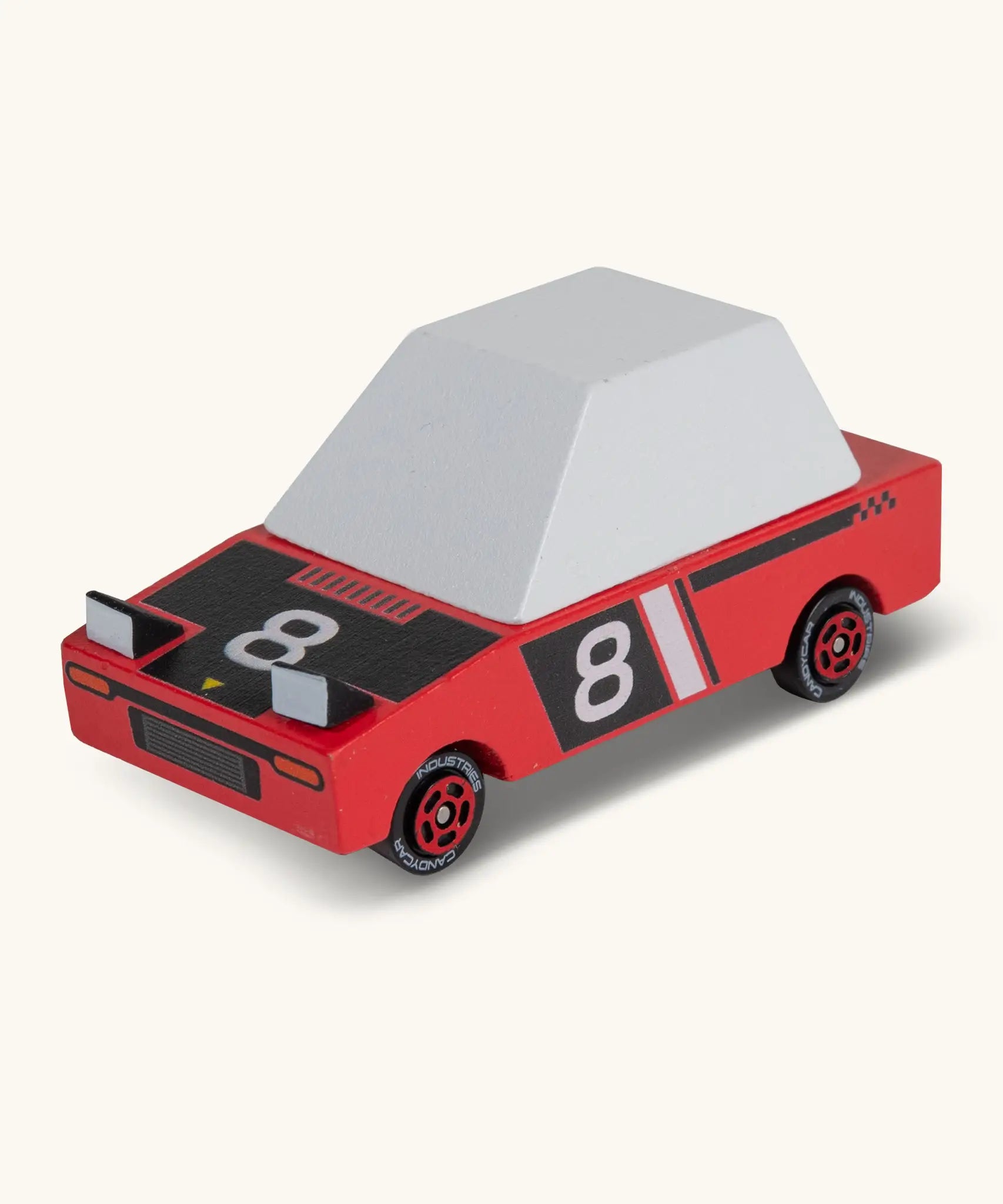 Candylab Hachigo red racer. A wooden diecast toy car with a red body, pop up headlights and retro no8 decals