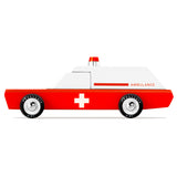 Side of the Candylab wooden ambulance wagon toy on a white background