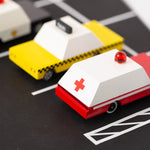 Candylab wooden ambulance and taxi candycars on a black rubber road set