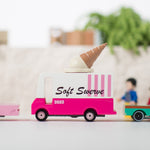3 Candylab wooden car toys lined up on a white background with the ice cream van toy in the middle