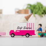 3 Candylab wooden car toys lined up on a white background with the ice cream van toy in the middle