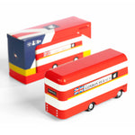 Candylab wooden London double decker bus toy on a white background next to its box